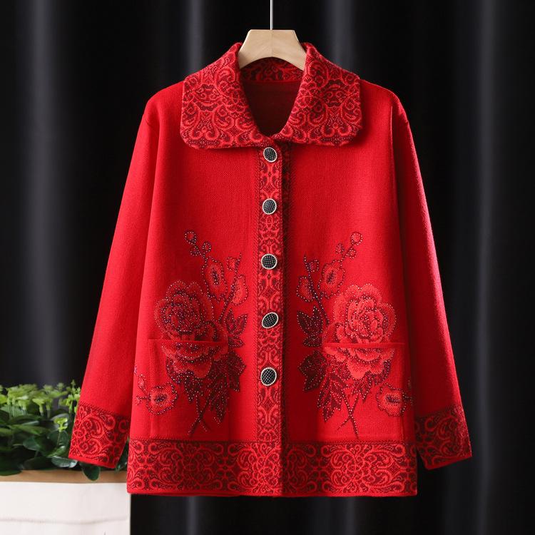 Older Sweater Women Round Neck Grandma Autumn and Winter Knitted Top Old Lady Cardigan Mom Wear Warm Coat Clothes