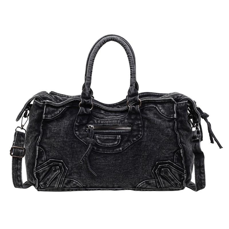 Vintage Washed Denim Tote Bag With Rivet Detail Retro American Style Large Capacity Shoulder Bag For Women Y2k Motorcycle Bag