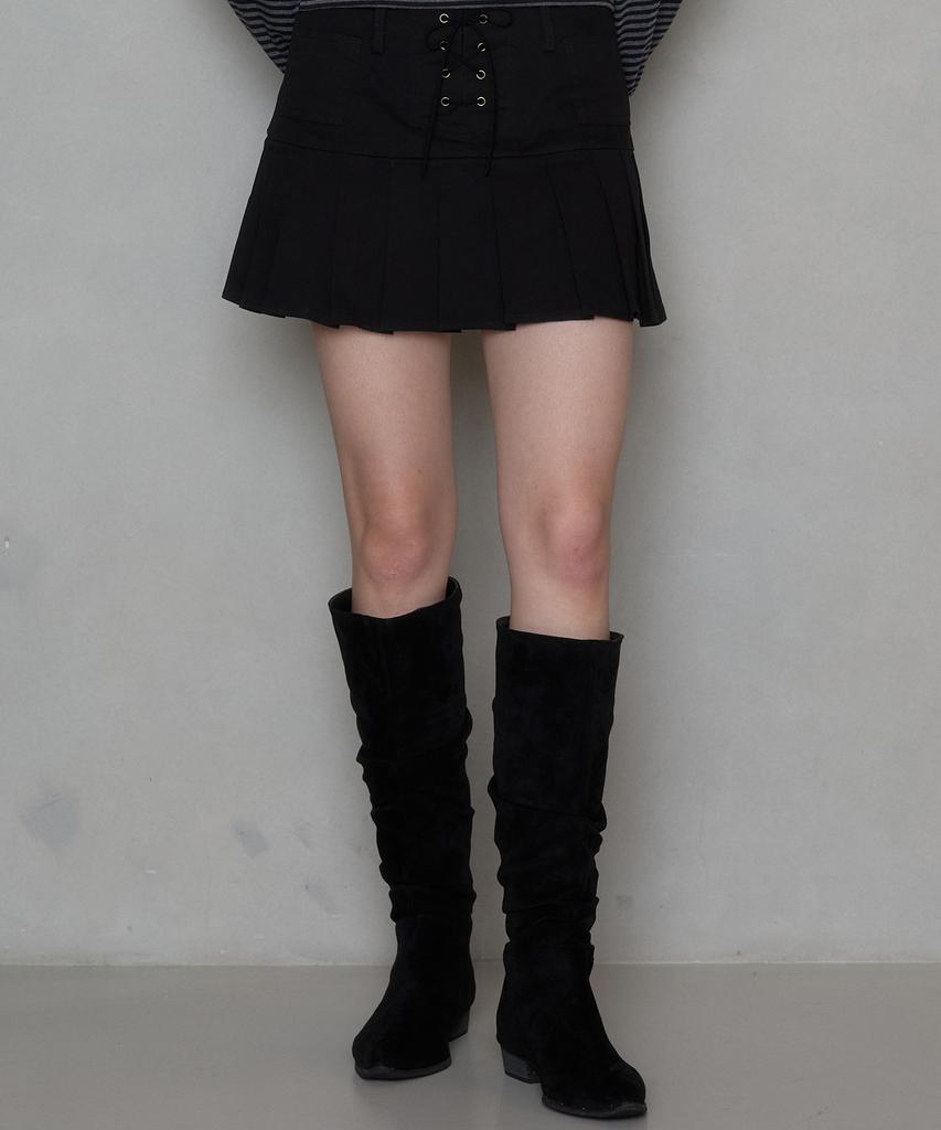 Pink Pineapple Gaze Eyelet Pleats Skirt_Black