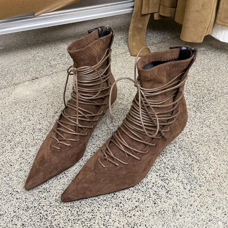 Fashion Fashion Pointed Toe Lace Up Ankle Boots Women High Quality Faux Suede Kitten Heel Designer Boot Comfort Back Zipper Modern Boots