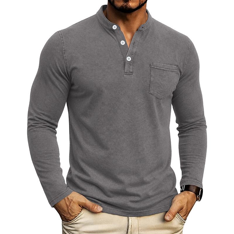 Men S Vintage Washed Long Sleeve Stand Collar Henley Shirt