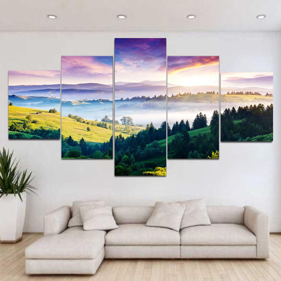 5 панелей пейзаж лавандовое поле горы солнечный свет холст картины постеры и принты — фото 4