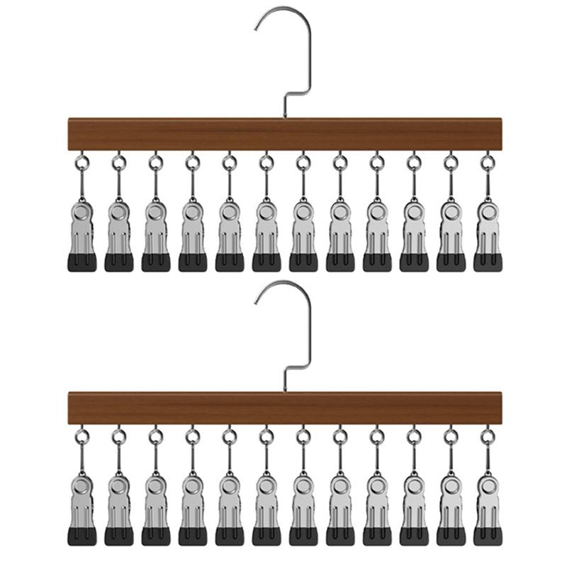 Wood Multi-Function 12 Clips Underwear Clip Wardrobe Clothes Hanger