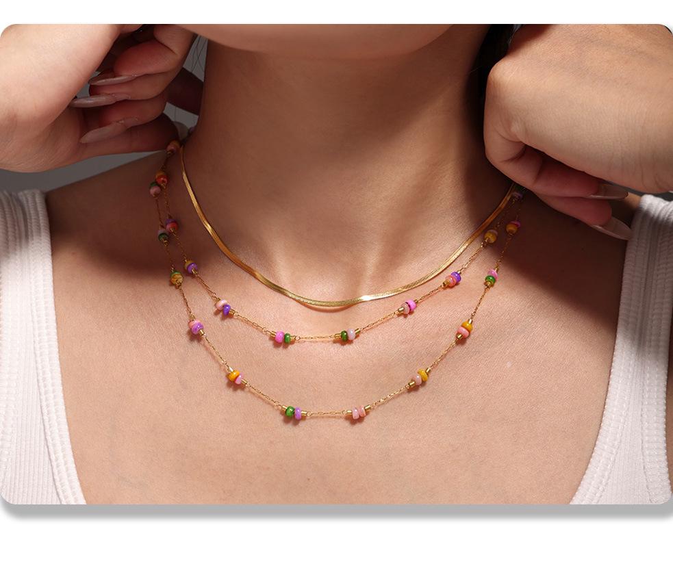 Qiong Yao Handmade Double Layer Stainless Steel Necklace with Colored Natural Stones for Women - Sweet, Light Luxury Feel