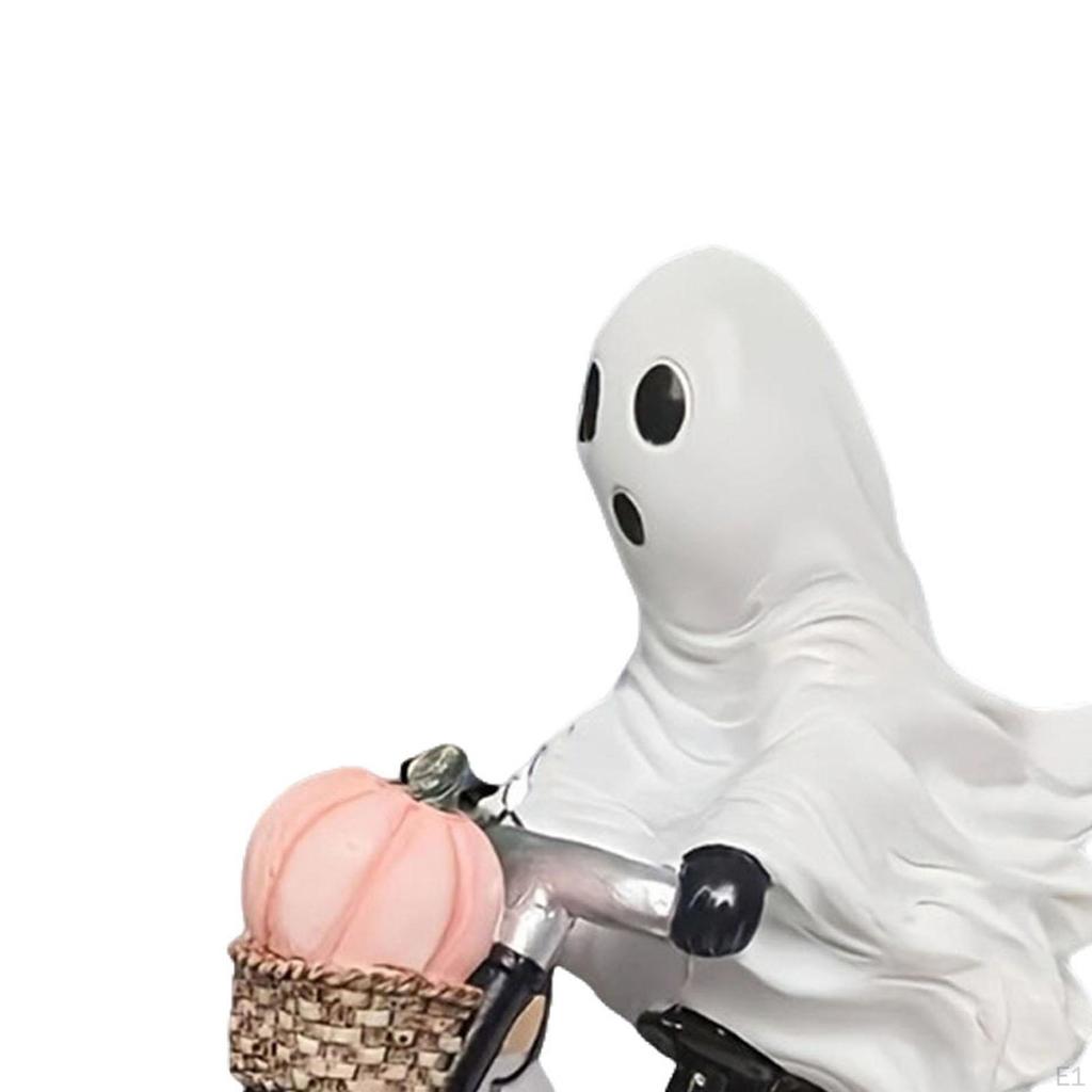 Ghosts Bike Rider Statue,Halloween Decoration,with Pink Pumpkin,Figurine Cute Funny Sculpture
