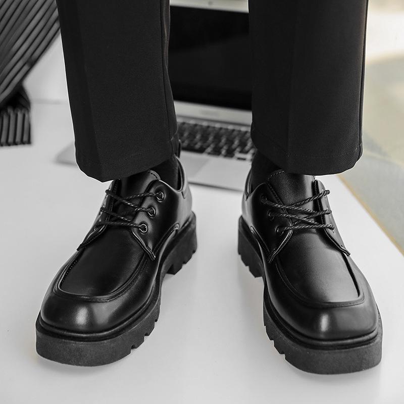 Derby Shoes Square Head Leather Shoes Men's Shoes Spring New Low-top Small Leather Shoes Youth Casual Shoes Shoes Big Head Leather Shoes