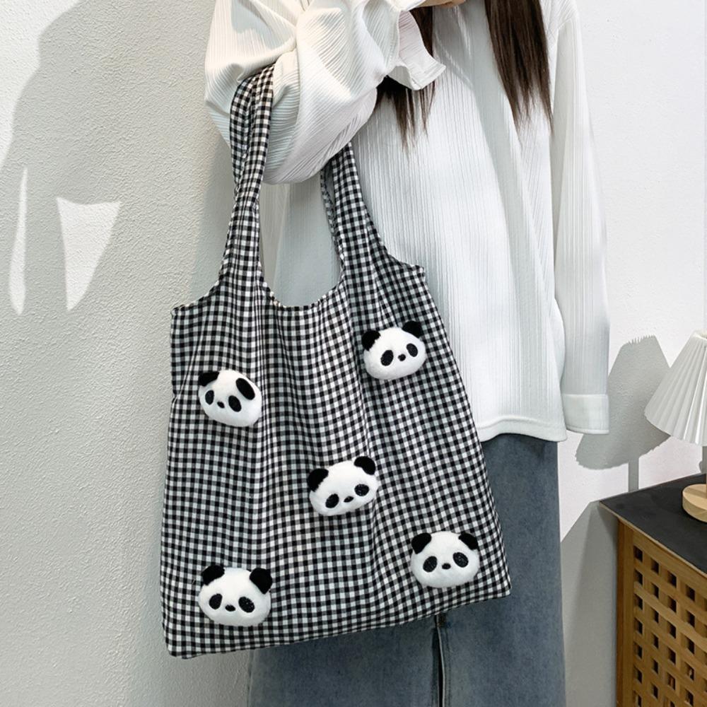Vacation Canvas Shopping Bag Panda Doll Office Worker Handbag Casual Plaid Shoulder Bags  Outdoor
