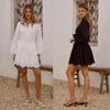 Women's V Neck Long Sleeve Solid Mini Dress Elastic Waist Slim Streetwear A Line Dress