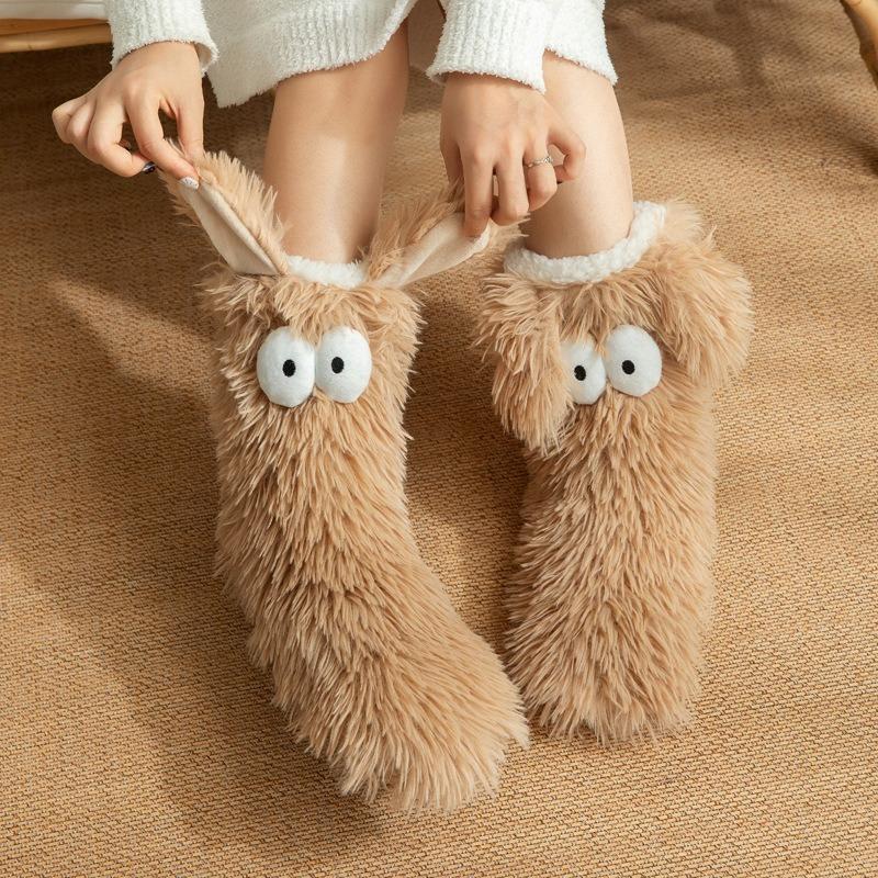 Hot Women's Winter Kawaii Big Eyes Slipper Socks with Puppy Ears Cartoon Non-slip Floor Socks Warm Thickened Coral Stockings