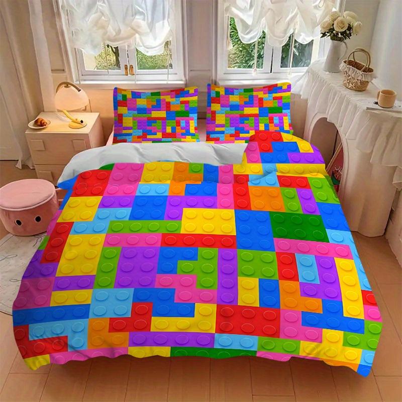 3pcs Set Building Block Jigsaw Puzzle 1 Quilt Cover + 2 Pillowcases, All Seasons Bedroom Setting, Perfect for Home and Dorm Decor A195