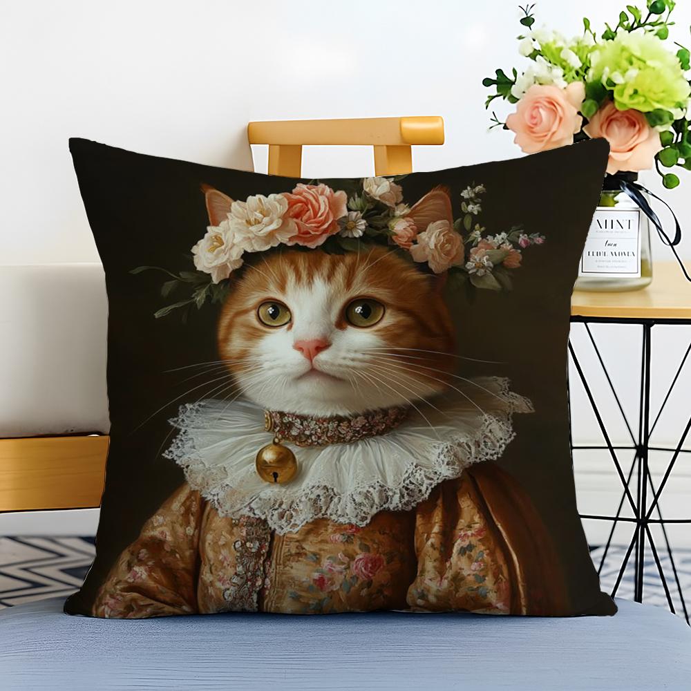 Renaissance Royal Cat Funny Cushion Cover Washable Linen Pillowcase Soft  for Sofa Bed Cozy Home Room Decor