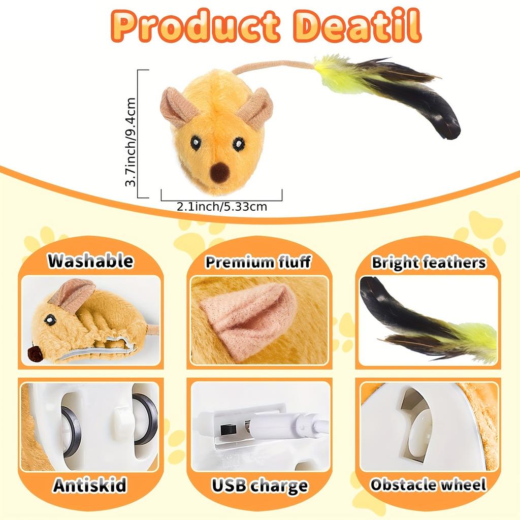 Plush Mouse Interactive Toy,Electric Cat Toy-LED Lights,  Squeaky Sounds, USB Rechargeable, Soft Fabric Material