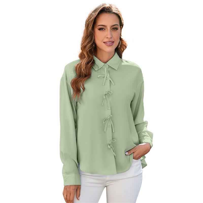 

American Shiying Elegant All-Match Single-Breasted Shirt Women 2025 Autumn New Bow Long sleeve Shirts Women Green P1109 S(Code fits (45.00 kg-55.00 kg)