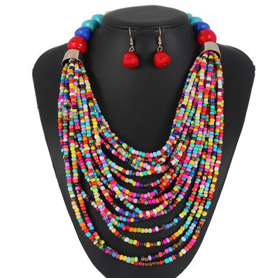 Bohemian Vacation Style Rice Beads Handmade Jewelry Set for Women Multilayer Necklace Earrings Accessories