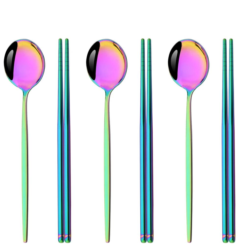 6Pcs High Quality Dinnerware Set Stainless Steel Flatware Set Mirror Kitchen Tableware Gold Dinner Spoon Chopsticks Cutlery Set