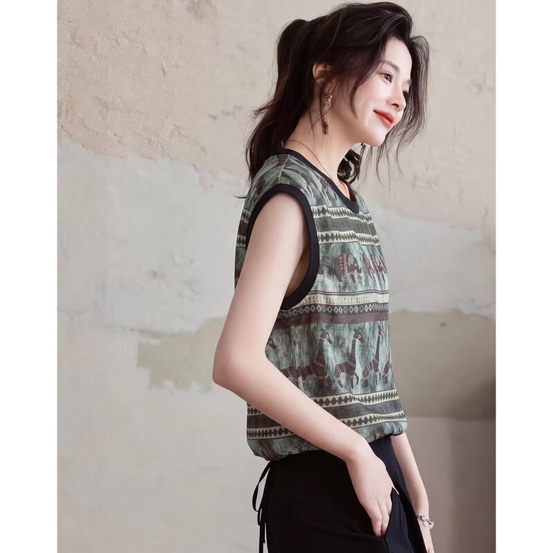 Demana Satin Print New Chinese Style Cap Sleeve Loose Shirt L