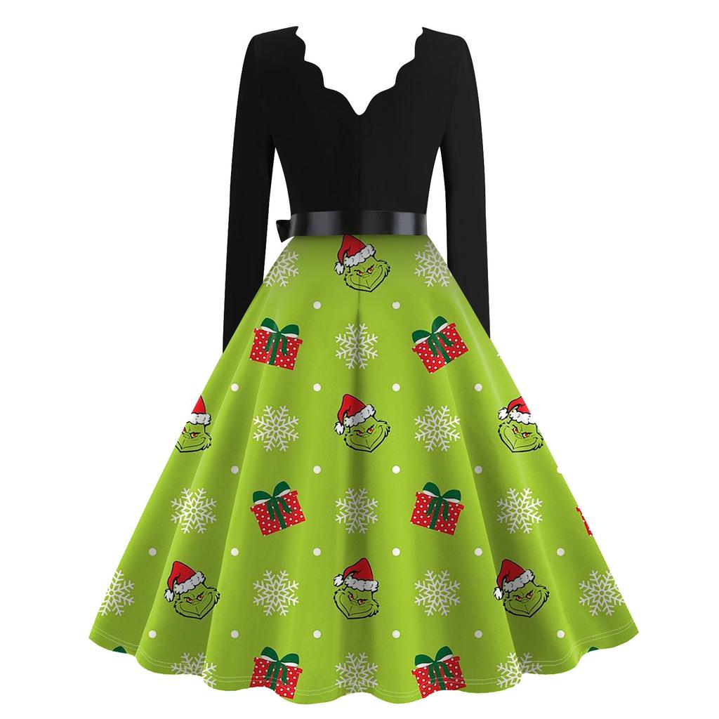 Dámské ležérní módní šaty s výstřihem do V, dlouhým rukávem a vánočním potiskem ve vintage stylu