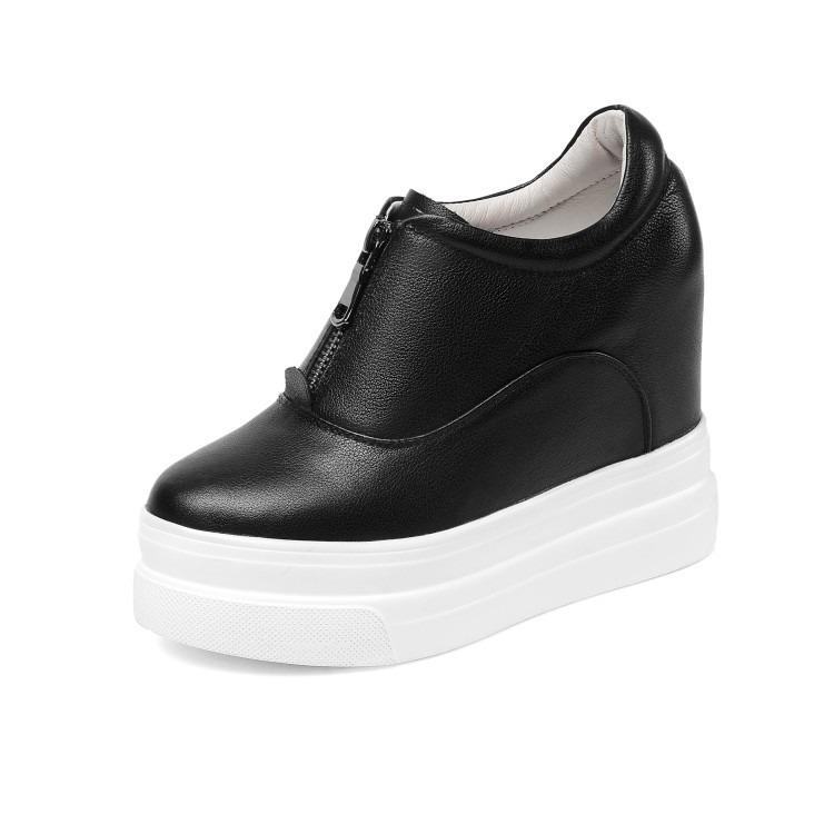 Platform white shoes women's 2025 new inner height-increasing women's shoes front zipper wedge heel leather single shoes spring and autumn versatil