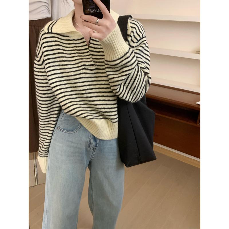 

DAFIFY Женская мода повседневная осень-зима полосатый принт длинный рукав поло воротник свитера Size: One Size