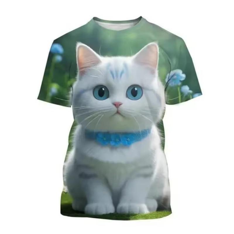 Fashion Korean Kids Clothes Cute Cat Print Tees Children's T-Shirt Girls Summer Clothes Kawaii Crew Neck Junior Girls' Clothing