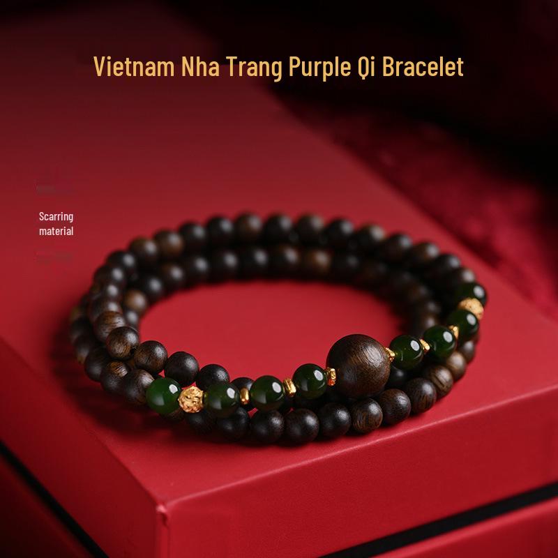 

Nha Trang Purple Agarwood Bracelet: Multi-loop, Double-use, 0.5 cm with Sinking Jadeite and Scarred Material Design. Under 4mm
