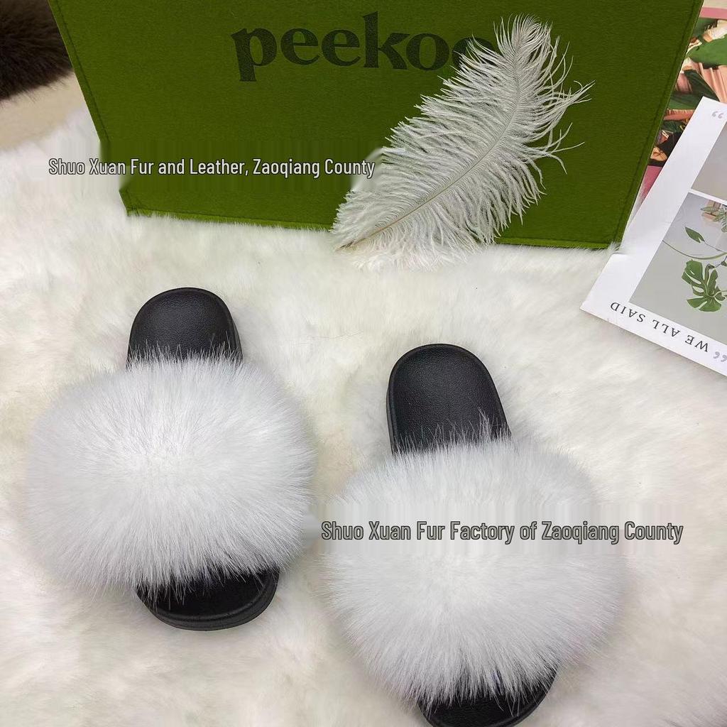 Women's Summer Fox Fur Slippers: Celebrity Trend, Flat Fur Sandals, Soft-Soled Flip Flops, Euro-American Style.