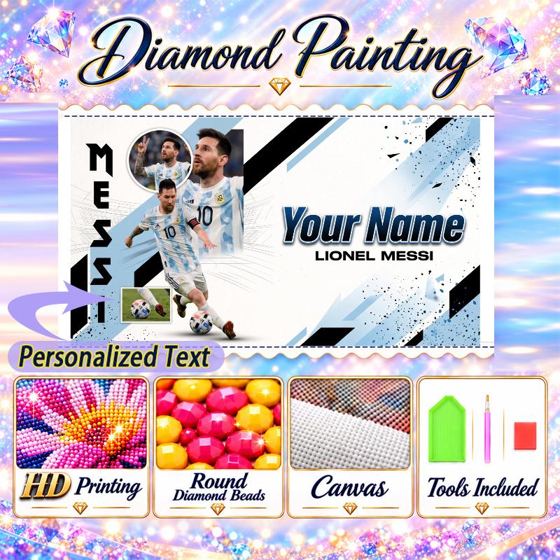 Lionel Messi 5D DIY Diamond Painting Custom Name Text, Full Drill Rhinestone Mosaic Art Home Gift