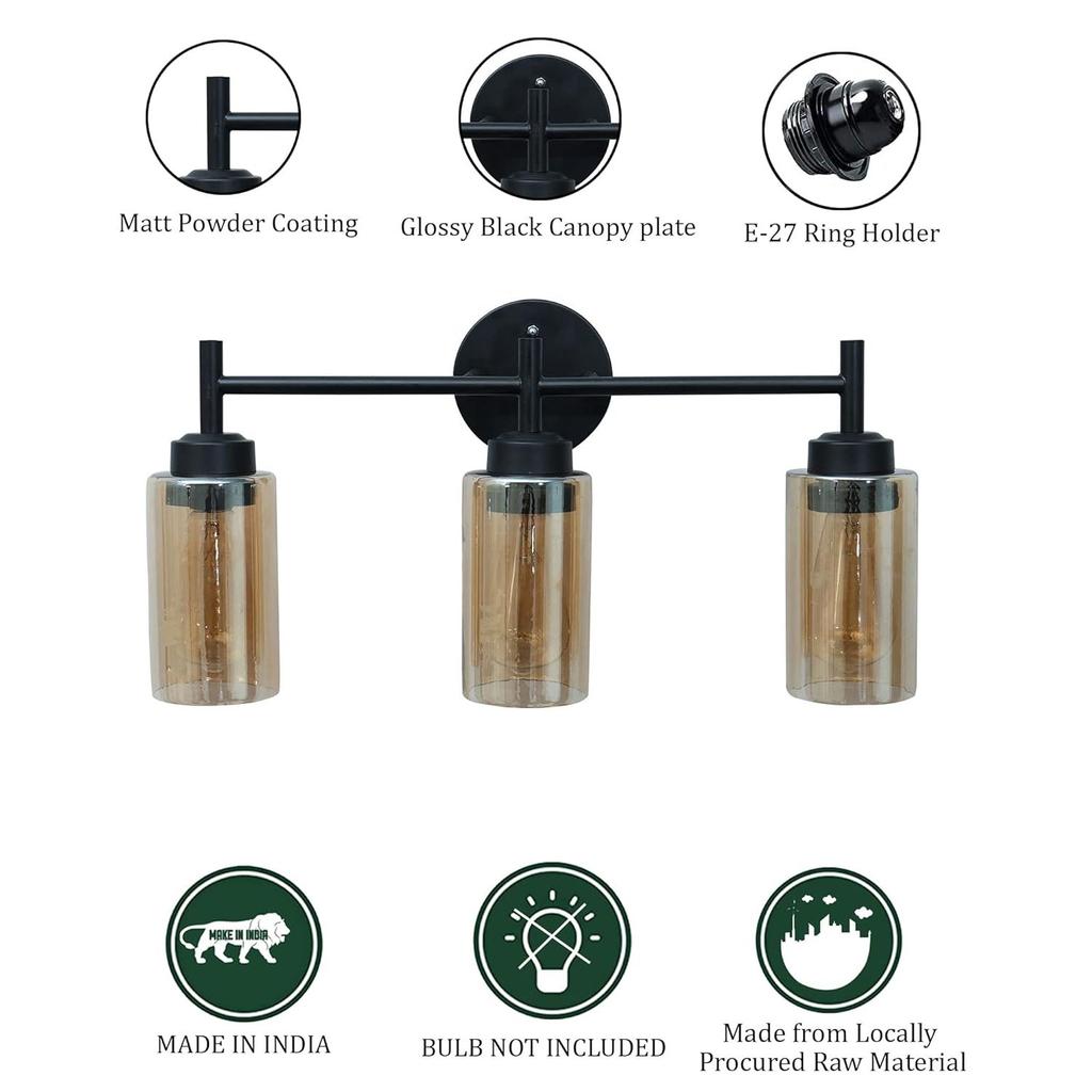 Black Wall Sconce,Modern Bathroom Wall Light Fixtures 3-Light Bathrooms Vanity Light, Bathroom Lights Over Mirror, Farmhouse Glass (Amber)