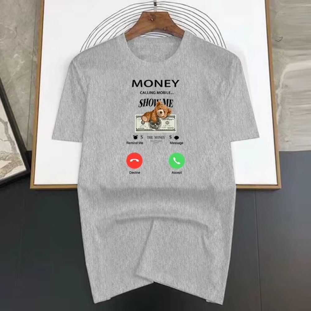 Oversized Hip-Hop T Shirts Cute My Money Calling Mobile Harajuku Bear Print Tee Regular Mens Tops Quality Rapper Tshirt