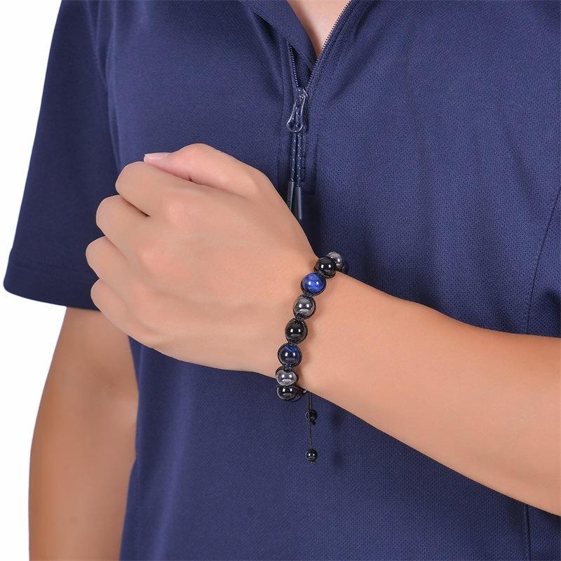 Meier Hot-selling 10mm natural stone braided bracelet - blue tiger eye beaded bracelet - adjustable bangle