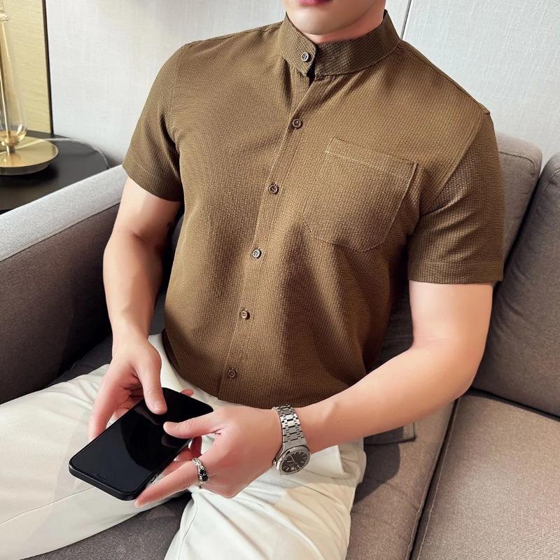 Men's Summer Stand Collar Short Sleeve Button Down Shirt Casual Waffle Knit Top