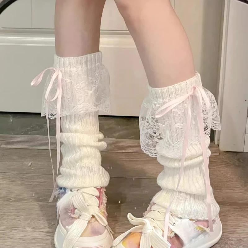 1pair Knitted Lace Leg Warmers Autumn and Winter Ribbon Lolita White Knee Warmers Long Socks JK Knitted Girl White Leg Warmers