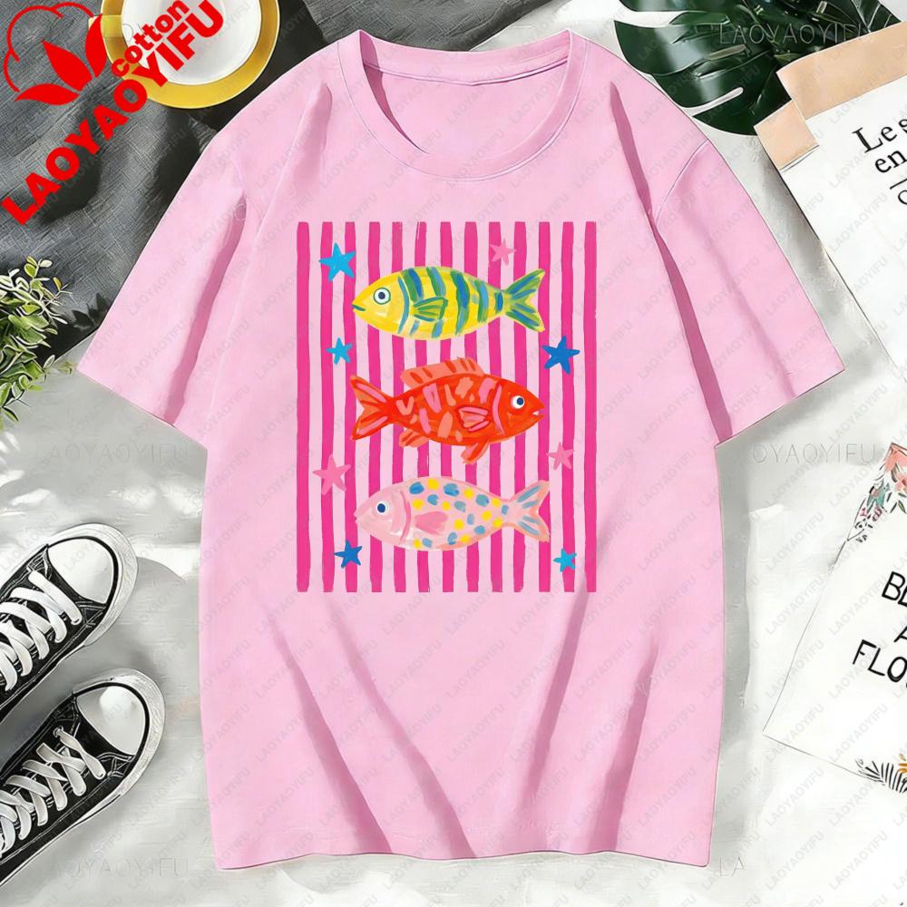 Bright Striped Fish Graphic Tee Y2k Pop Art Aesthetic Bold Pink Colorful Fish Print Nautical Summer Everyday Casual TShirt