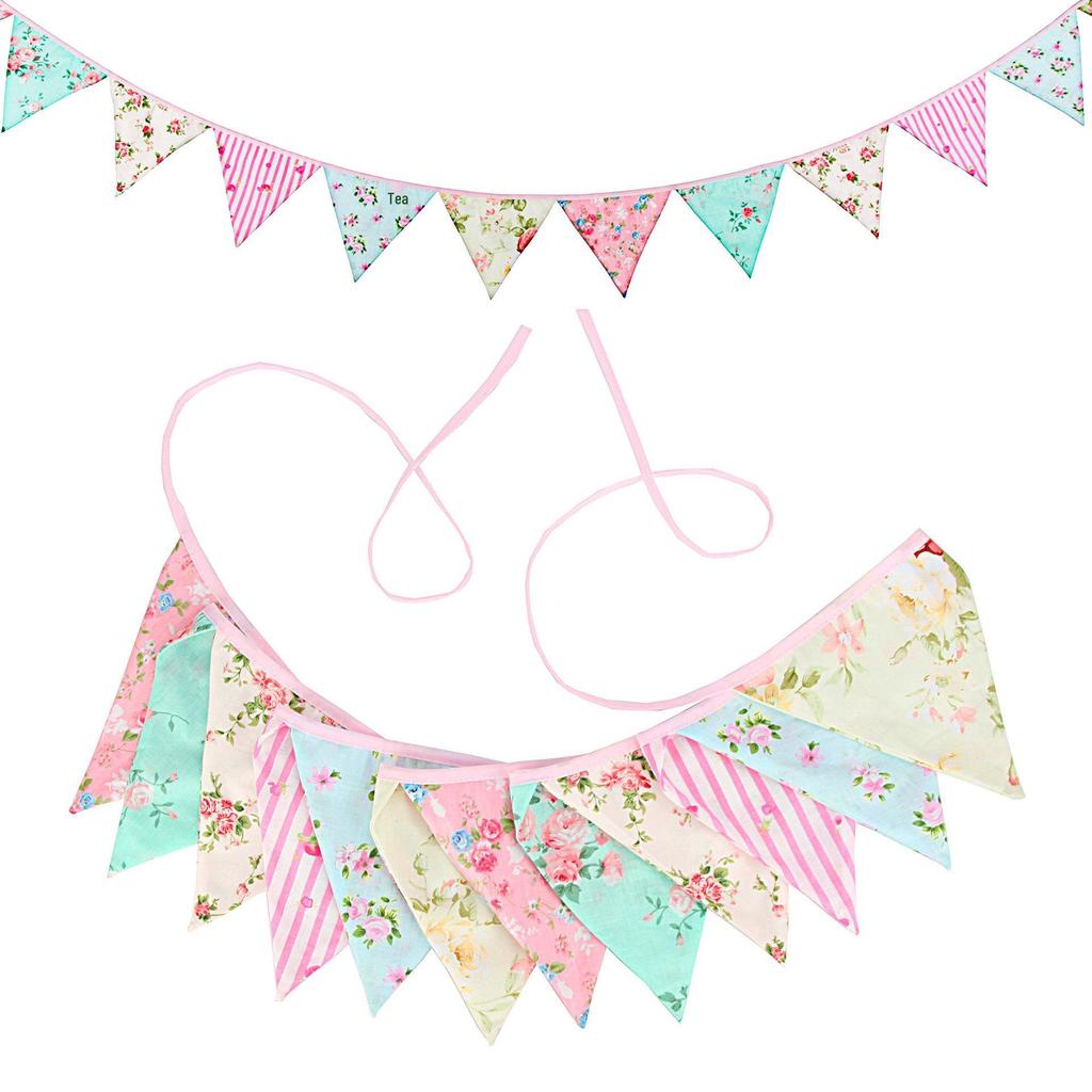 Pink Pastoral Floral Cotton Bunting: Children's Party or Wedding Decoration Hanging Flag