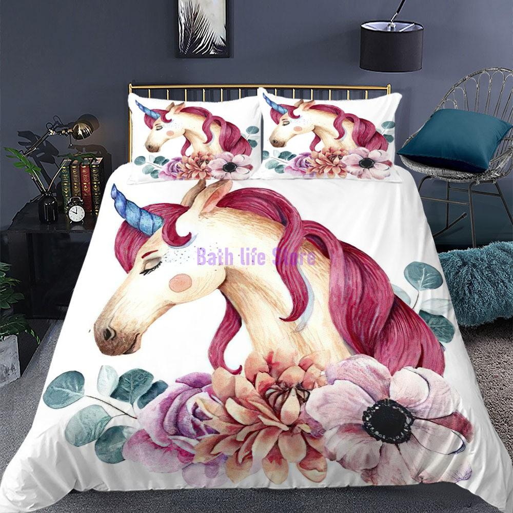 Cartoon Unicorn Lucky Kids Girls Pink Bedding Set Cartoon Duvet Cover Bedcllothes Animal Printed Queen King Size Bed Linens