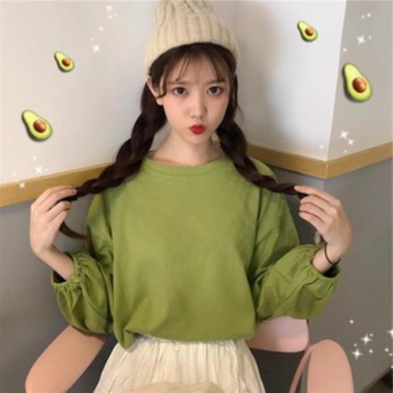 

5 cotton round neck long-sleeved shirt women s spring new bottoming shirt solid color loose casual bubble sleeve top 2XL зелёный