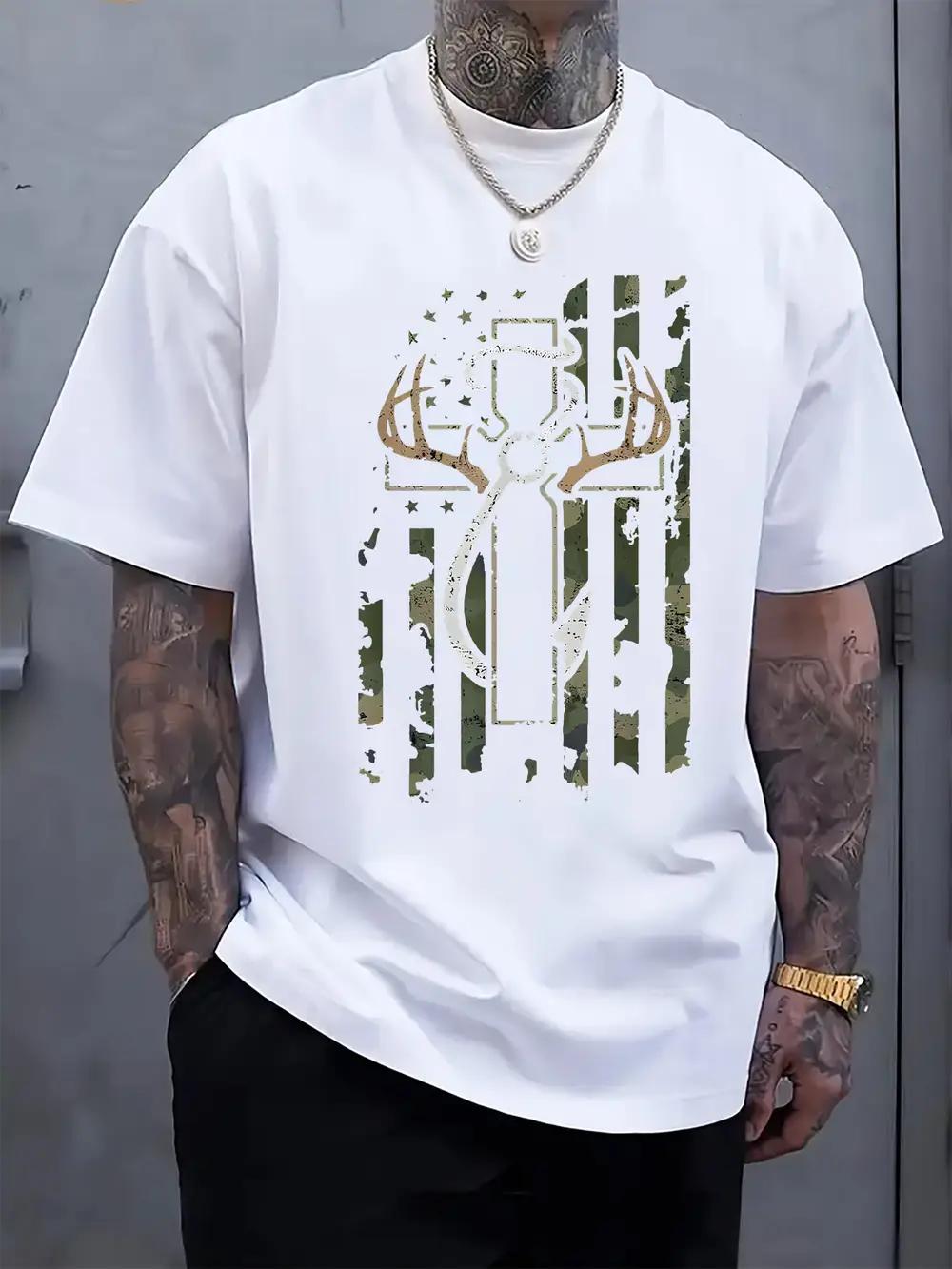 Casual Crew Neck T-shirt with Hunting Element Cross Print XXXXL