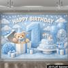2D Plane Blue Sky White Clouds Little Bear 1st Birthday Background Cloth Birthday Celebration Background