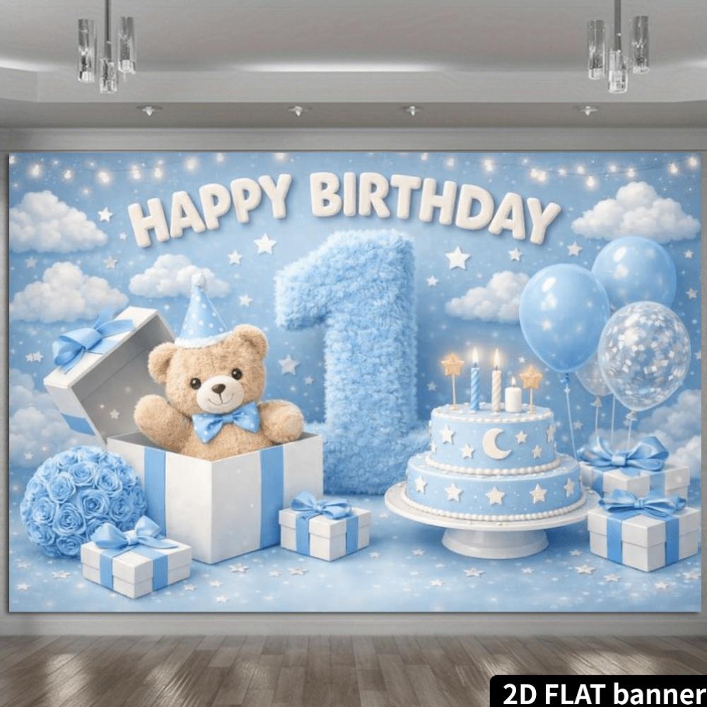 2D Plane Blue Sky White Clouds Little Bear 1st Birthday Background Cloth Birthday Celebration Background