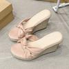 2025 Summer New Slope Heel Cool Slippers Women's Woven Hemp Rope Versatile Suede High Heel Outer Wear One-word Slippers Women