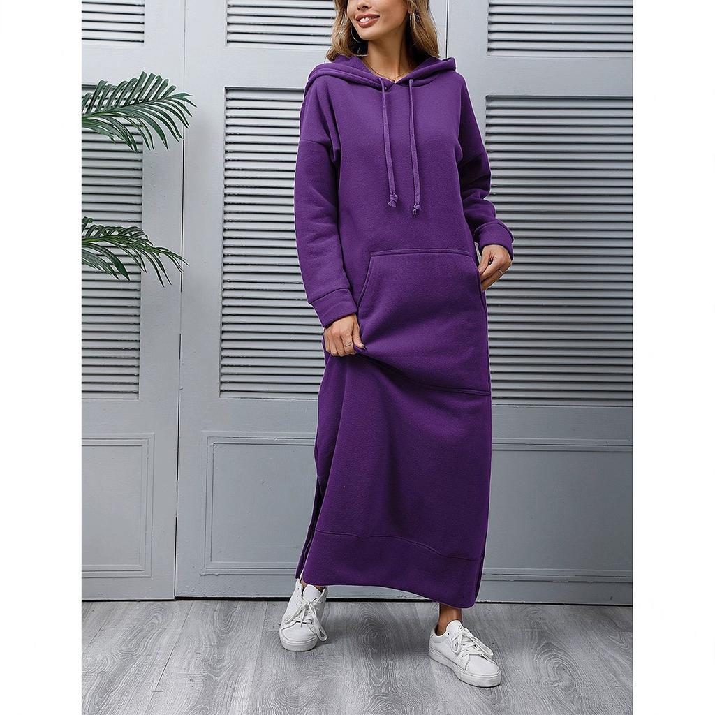 Herbst und Winter neue lockere Strick-Kapuzen-Langkleid Fleece-Pullover Freizeit-Modekleid große Tasche Rock