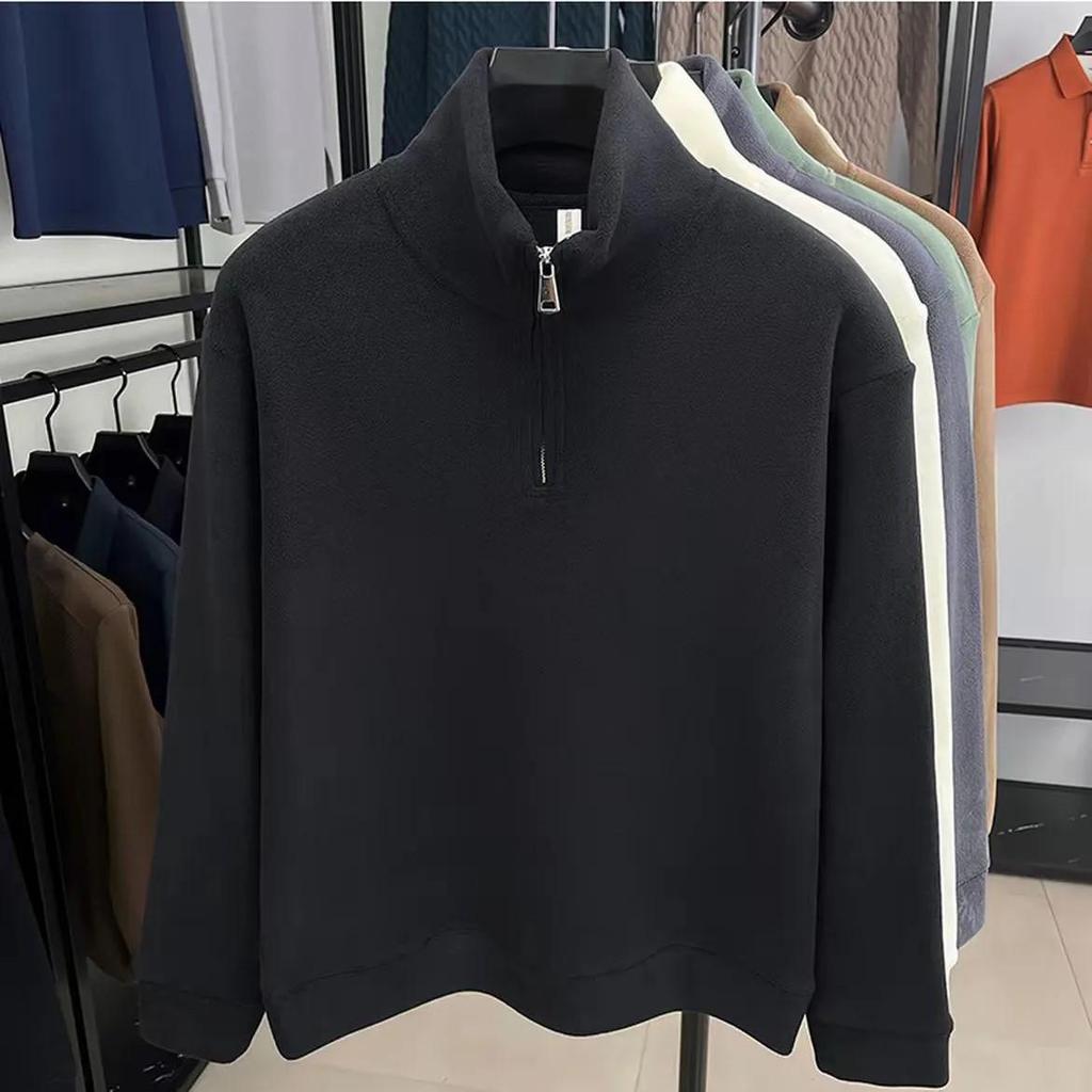 Herren Uni-Farbe Stehkragen Fleece Hoodie, Herbst/Winter 2025 Warm Langarm Halbreißverschluss Oberteil