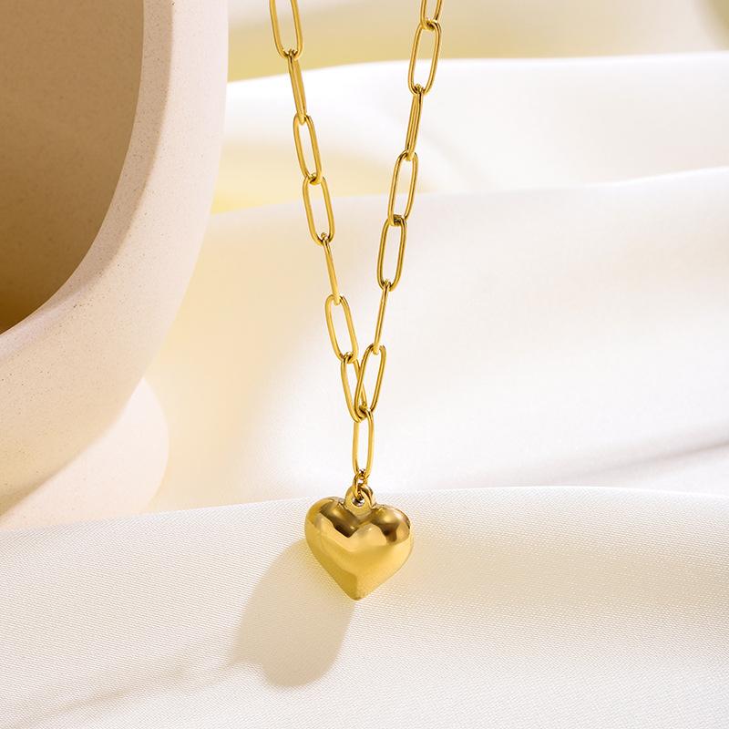 Women's 18K Gold Plated Stainless Steel Sporty Bamboo Chain Heart Zircon Pendant Necklace for Anniversaries