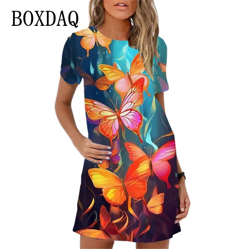 Elegant Butterfly Print Party Dress For Women Short Sleeve O-Neck Loose Casual A-Line Dress New  Spring Summer Ladies Dress