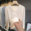 Fleece and Thickened Sweater Women's One-piece Fleece Top Women's Autumn and Winter V-neck Pullover Striped Long-sleeved Slim and Warm Knitted Sweater