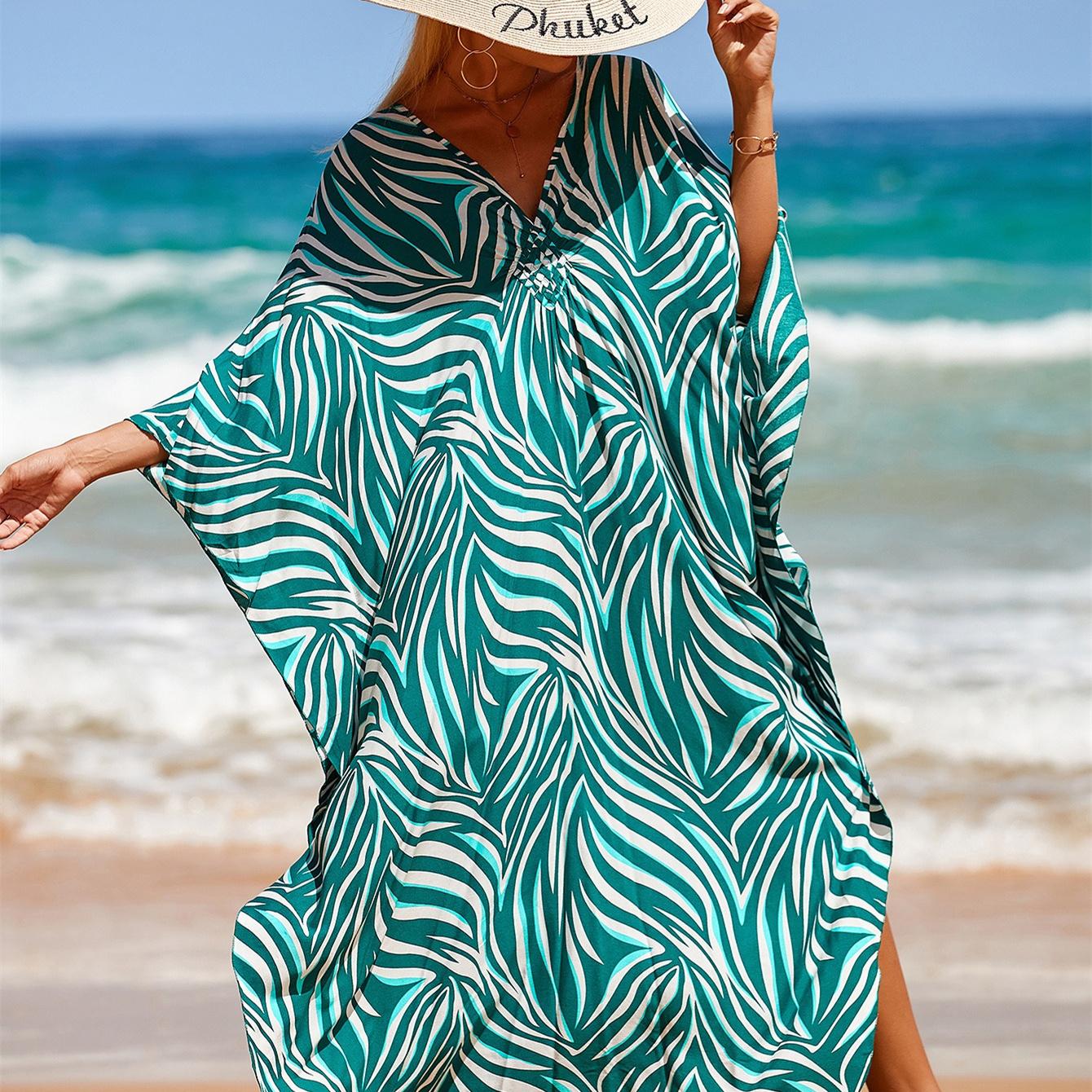 

YYFS женская мода отпуск лето весна зеленый цвет принт с длинным рукавом v-образным вырезом повседневные платья One Size зелёный