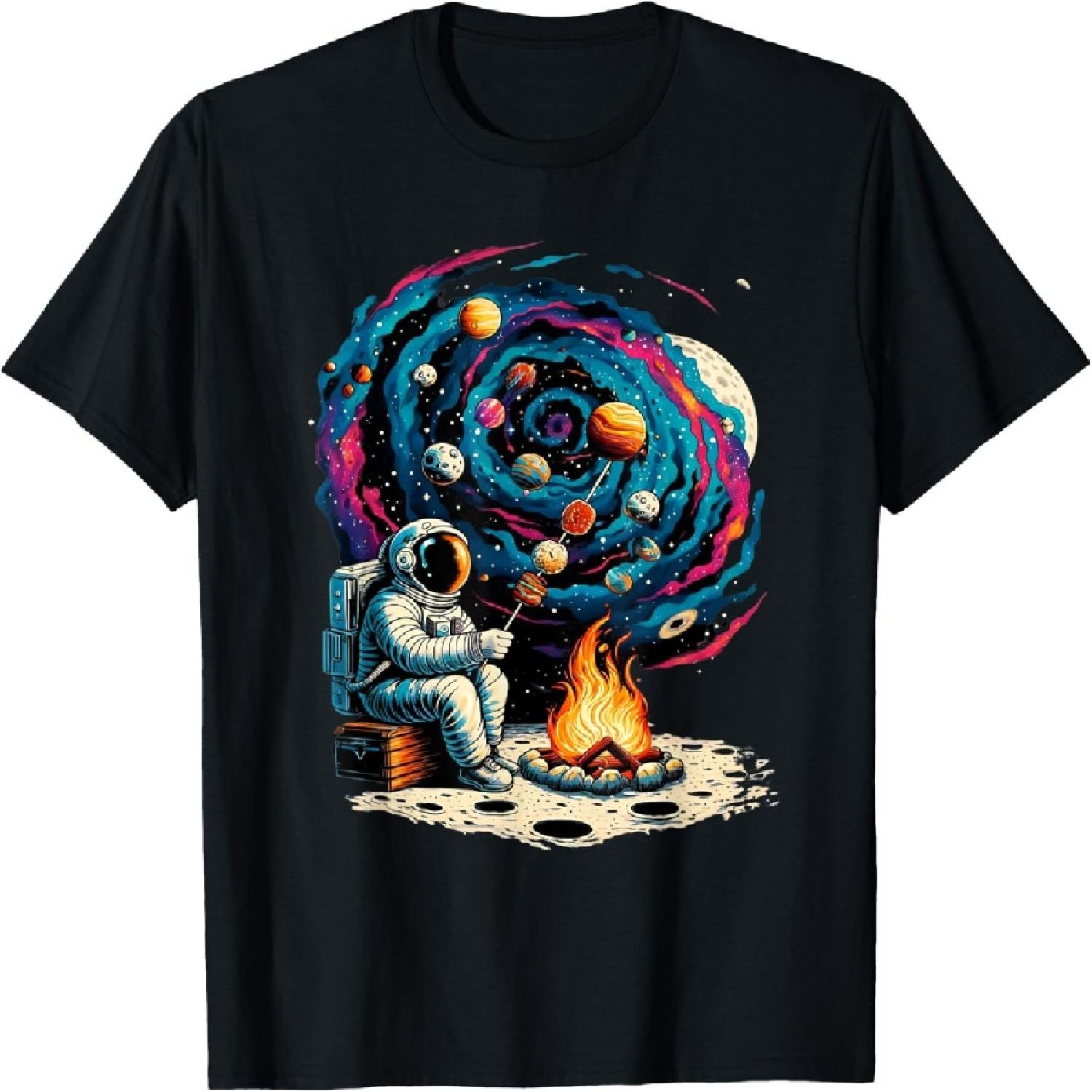 Interstellar Adventure Art & Apparel Funny Astronaut Roasting Marshmallows Camping with Planets T-Shirt, Small, Black S
