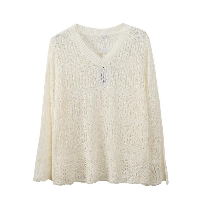Large Size Women's Clothing Lazy Wind Horn Sleeves Hollow Thin Blouse Spring New Fashion Sweater 132000