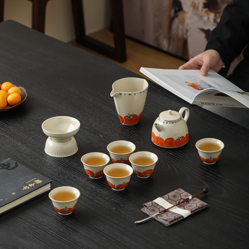 Kung Fu Ceramic Tea Set Plant Ash Persimmon Tea Pot with Bamboo Filter for Household Coffee & Tea Travel-Ready Kettle