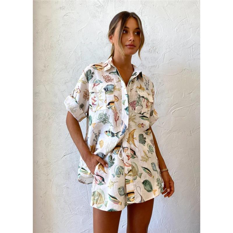 

Fashion Unique Print Short Sleeve Vacation Casual Set M абрикосовый